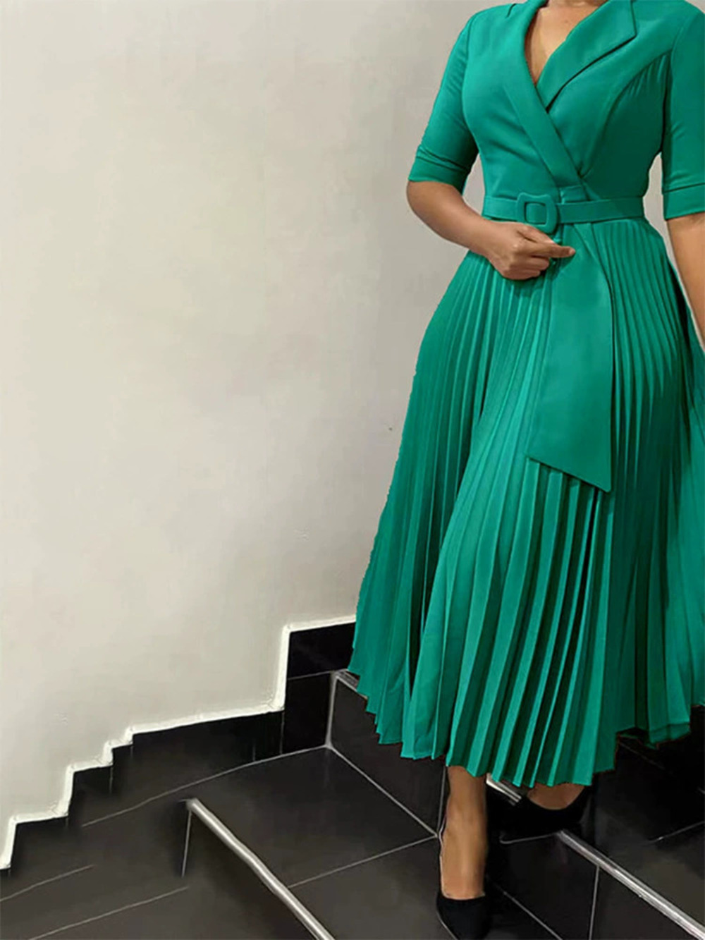 Plus Size African Dress Notch Lapel Pleated Waist Fall Winter